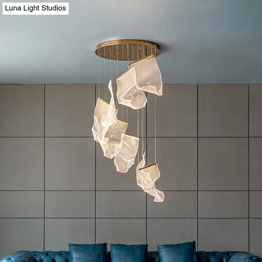 Minimalist Led Brass Finish Ceiling Light With Paper Sheet Design - Multi-Light Pendant Acrylic