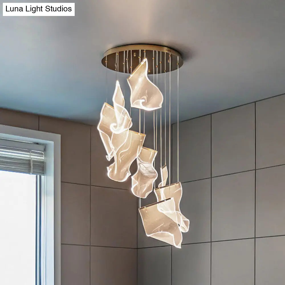 Minimalist Led Brass Finish Ceiling Light With Paper Sheet Design - Multi-Light Pendant Acrylic