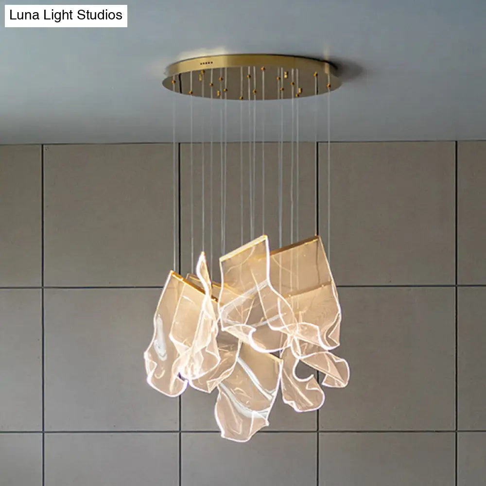 Minimalist Led Brass Finish Ceiling Light With Paper Sheet Design - Multi-Light Pendant Acrylic