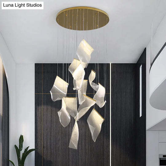 Minimalist Led Brass Finish Ceiling Light With Paper Sheet Design - Multi-Light Pendant Acrylic