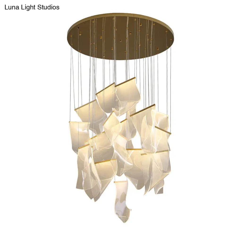 Minimalist Led Brass Finish Ceiling Light With Paper Sheet Design - Multi-Light Pendant Acrylic