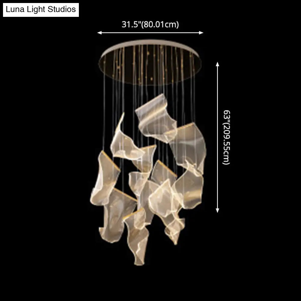 Minimalist Led Brass Finish Ceiling Light With Paper Sheet Design - Multi-Light Pendant Acrylic