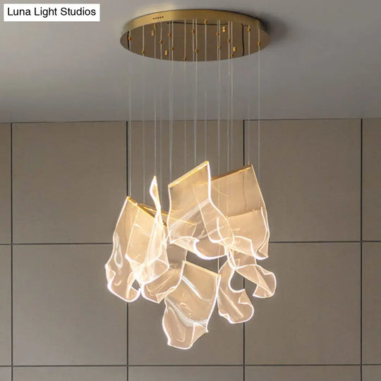 Minimalist Led Brass Finish Ceiling Light With Paper Sheet Design - Multi-Light Pendant Acrylic