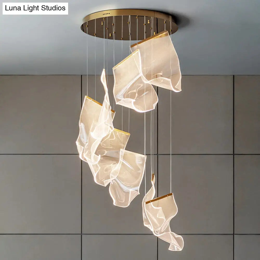 Minimalist Led Brass Finish Ceiling Light With Paper Sheet Design - Multi-Light Pendant Acrylic