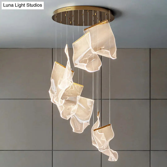 Minimalist Led Brass Finish Ceiling Light With Paper Sheet Design - Multi-Light Pendant Acrylic