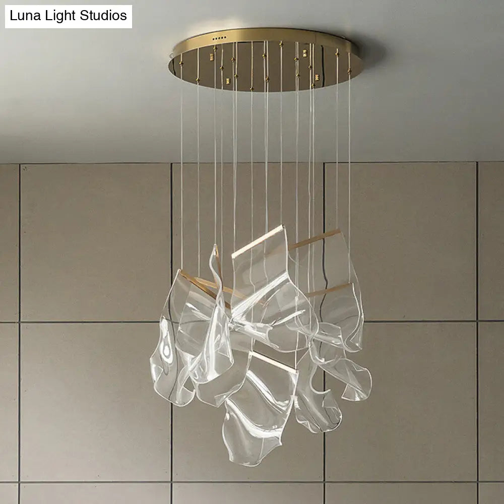 Minimalist Led Brass Finish Ceiling Light With Paper Sheet Design - Multi-Light Pendant Acrylic