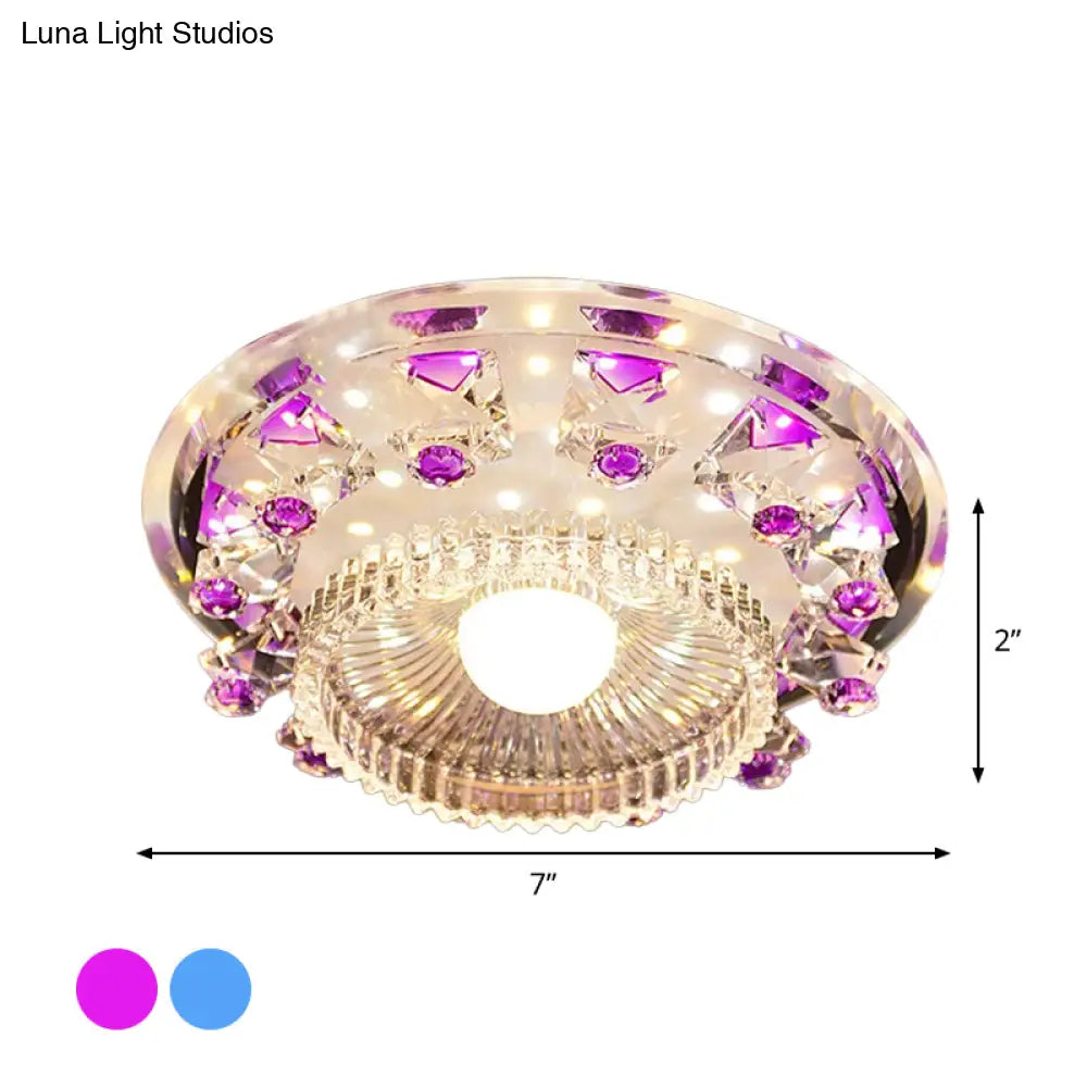 Minimalist Led Ceiling Light In Blue/Purple With Crystal Cubic Flush Mount & Clear Ribbed Glass