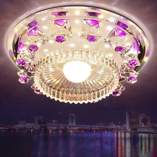 Minimalist Led Ceiling Light In Blue/Purple With Crystal Cubic Flush Mount & Clear Ribbed Glass