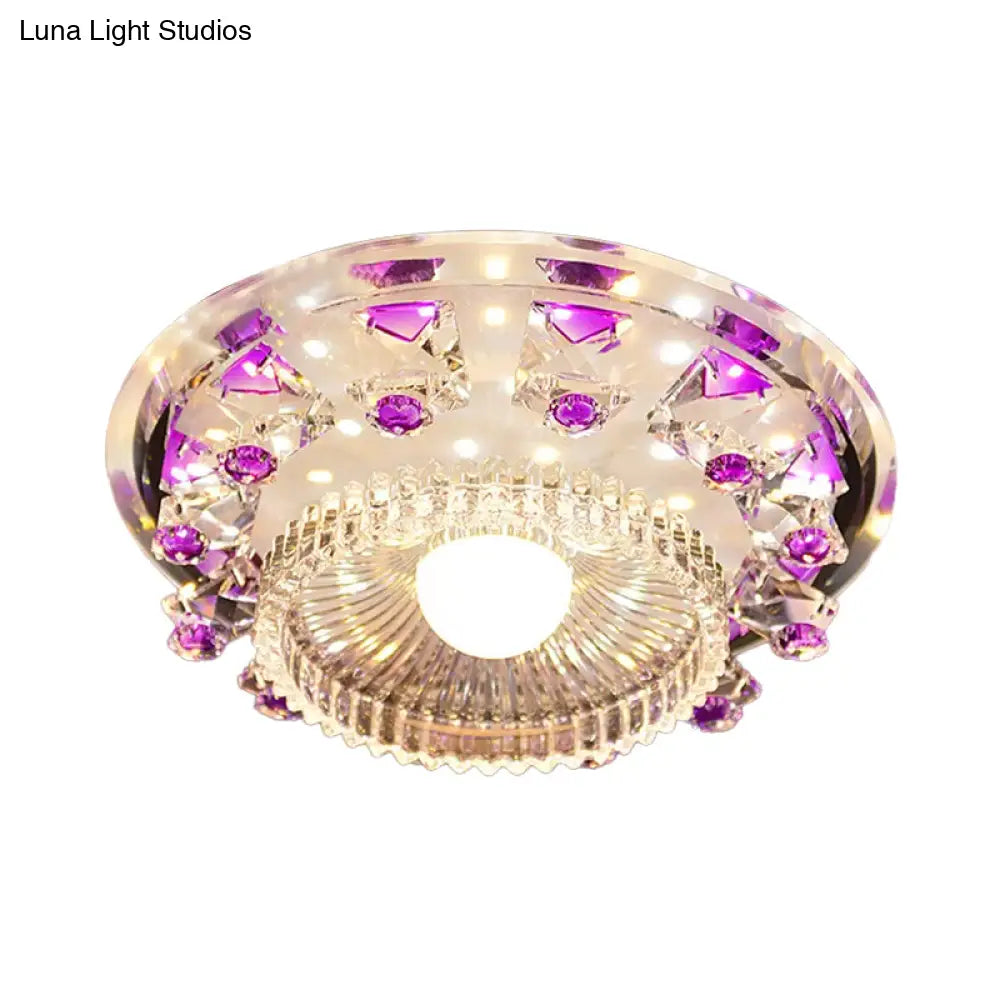 Minimalist Led Ceiling Light In Blue/Purple With Crystal Cubic Flush Mount & Clear Ribbed Glass