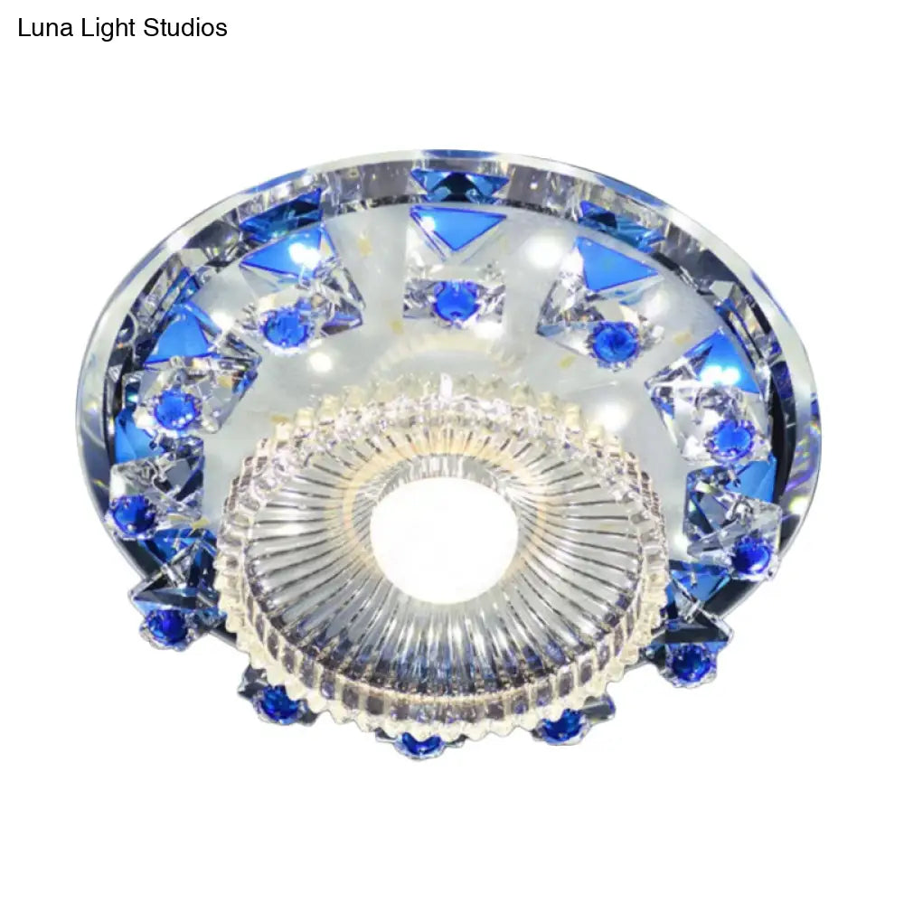 Minimalist Led Ceiling Light In Blue/Purple With Crystal Cubic Flush Mount & Clear Ribbed Glass