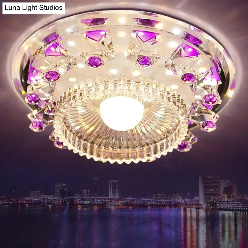 Minimalist Led Ceiling Light In Blue/Purple With Crystal Cubic Flush Mount & Clear Ribbed Glass