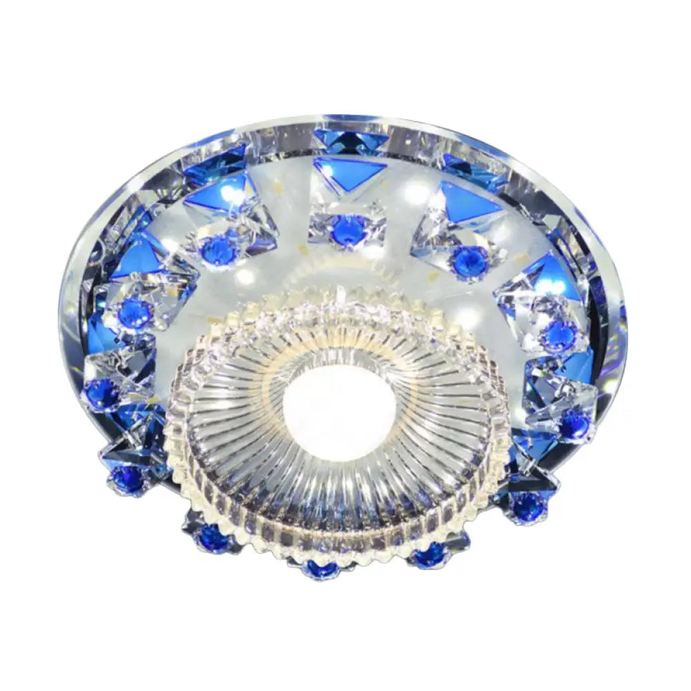 Minimalist Led Ceiling Light In Blue/Purple With Crystal Cubic Flush Mount & Clear Ribbed Glass