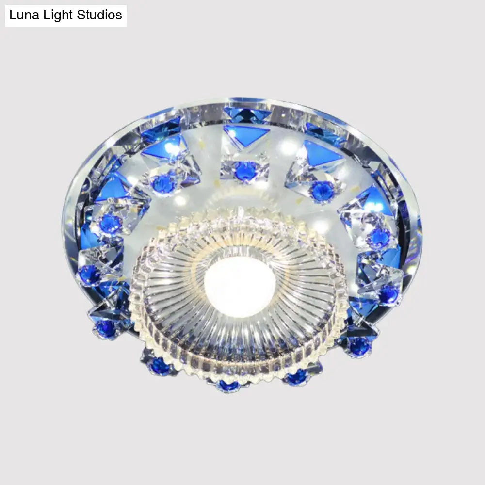 Minimalist Led Ceiling Light In Blue/Purple With Crystal Cubic Flush Mount & Clear Ribbed Glass