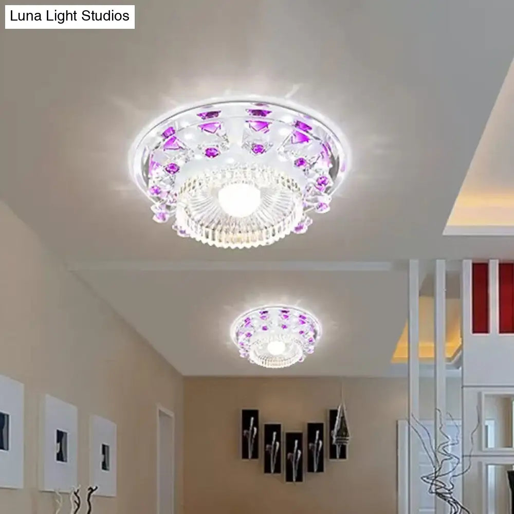 Minimalist Led Ceiling Light In Blue/Purple With Crystal Cubic Flush Mount & Clear Ribbed Glass