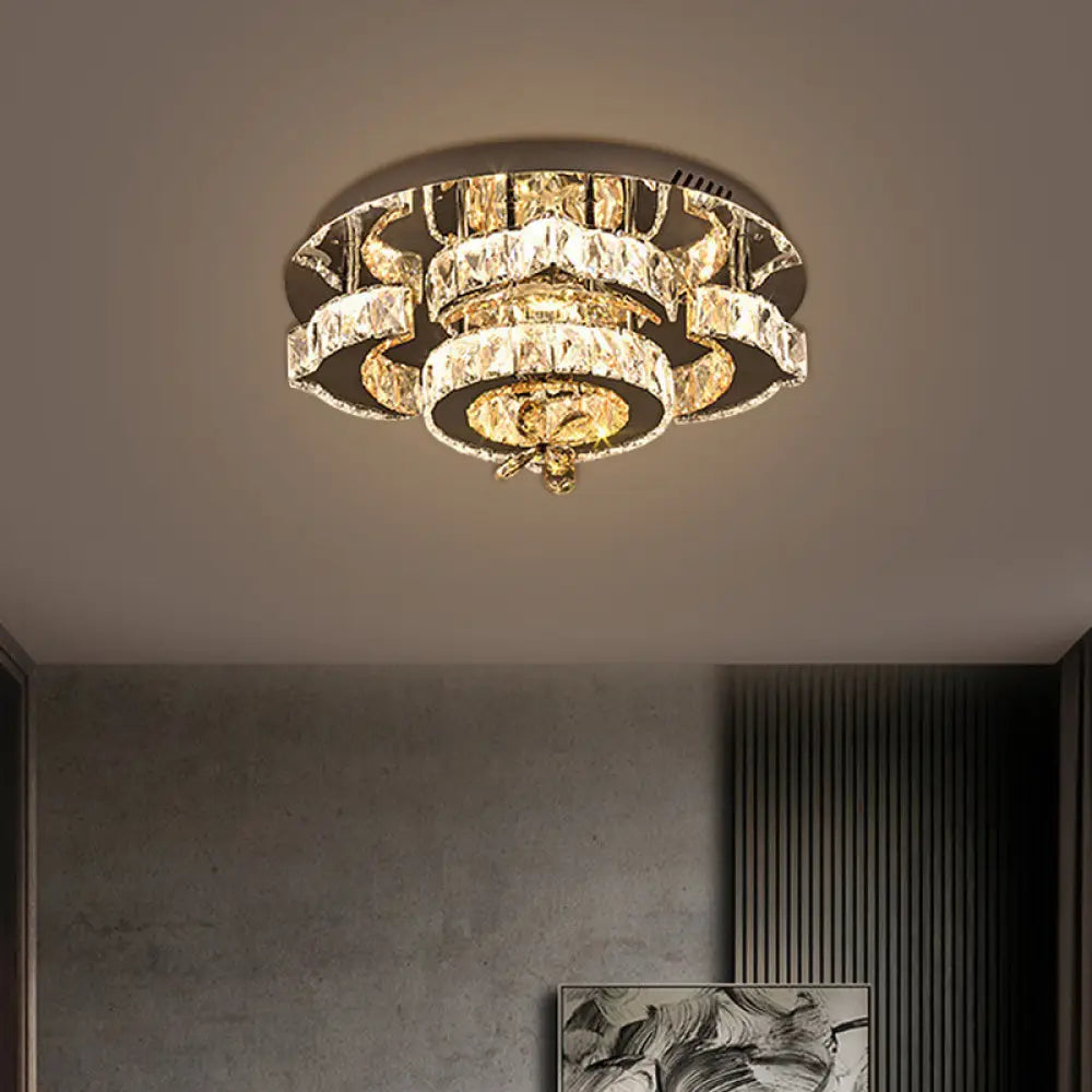 Minimalist Led Chrome Ceiling Light With Bloom Faceted Crystal - Semi Flush Mount Fixture