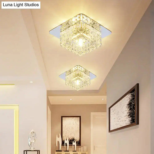 Minimalist Led Chrome Flushmount Ceiling Light With Beveled Crystal Square Design