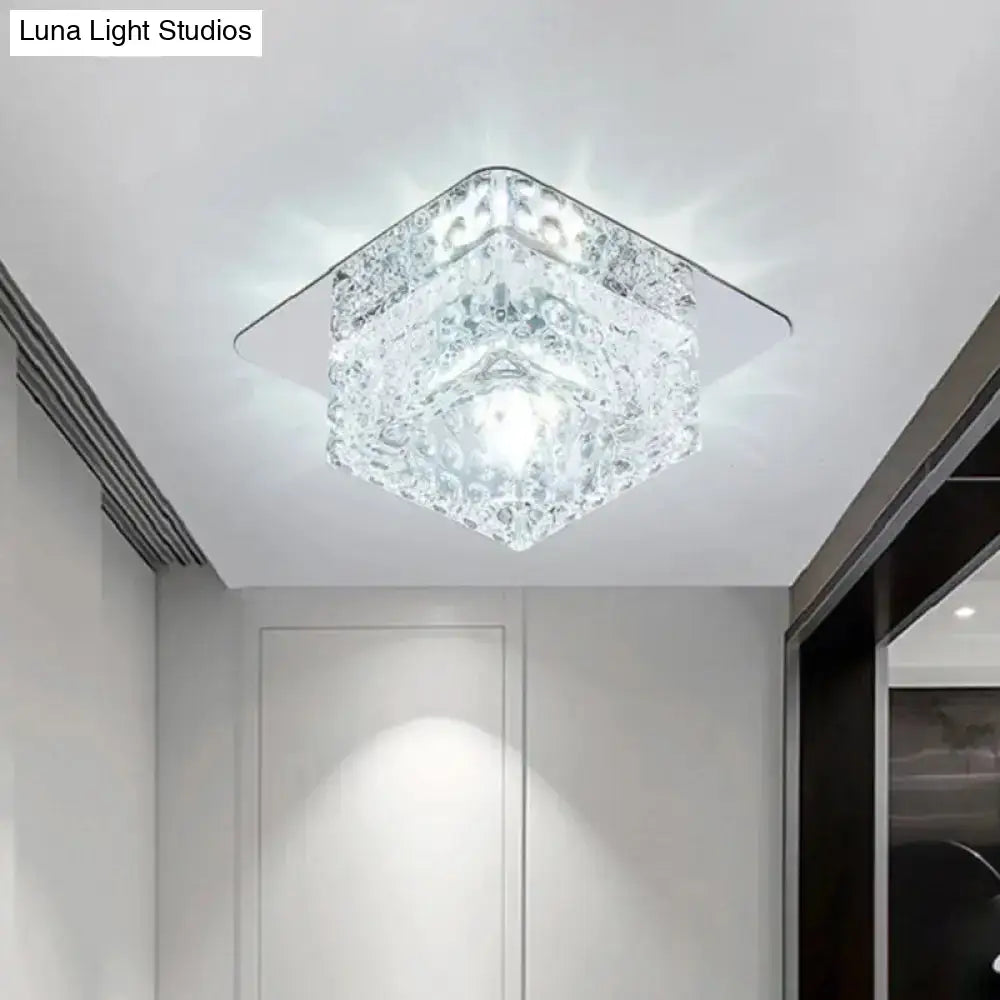 Minimalist Led Chrome Flushmount Ceiling Light With Beveled Crystal Square Design