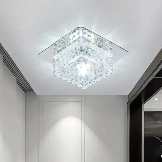 Minimalist Led Chrome Flushmount Ceiling Light With Beveled Crystal Square Design / White