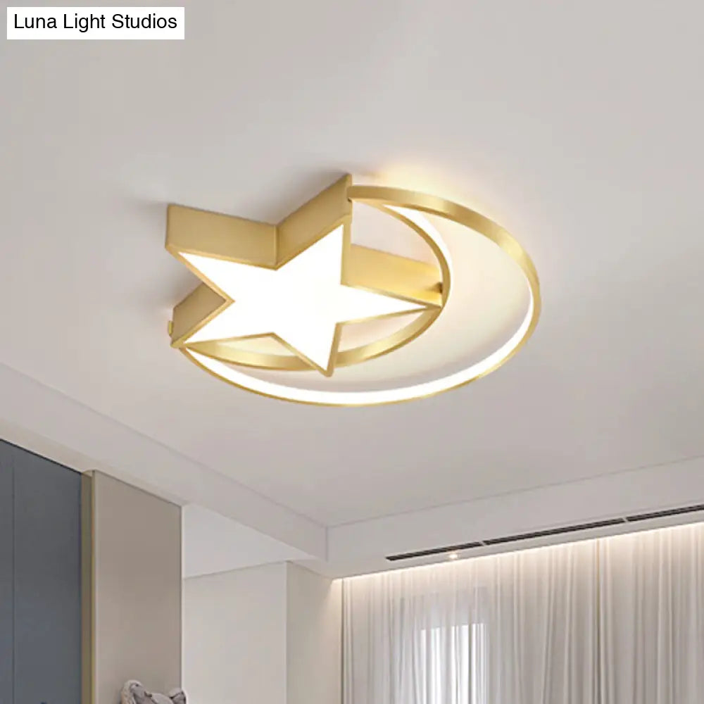 Minimalist Led Crescent And Star Metal Ceiling Lamp: Gold Flush Mount Lighting With Warm/White Light