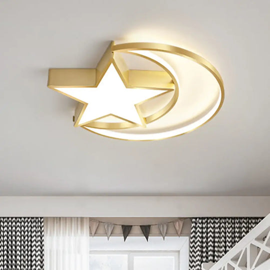 Minimalist Led Crescent And Star Metal Ceiling Lamp: Gold Flush Mount Lighting With Warm/White