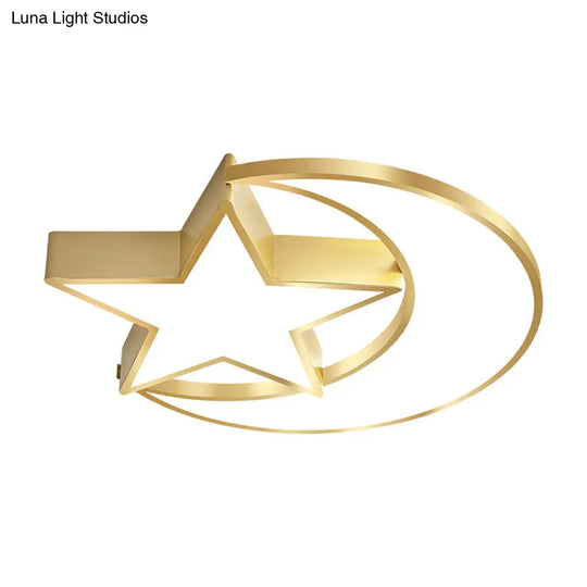 Minimalist Led Crescent And Star Metal Ceiling Lamp: Gold Flush Mount Lighting With Warm/White Light