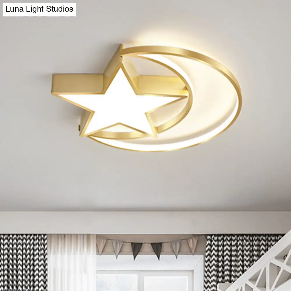 Minimalist Led Crescent And Star Metal Ceiling Lamp: Gold Flush Mount Lighting With Warm/White Light