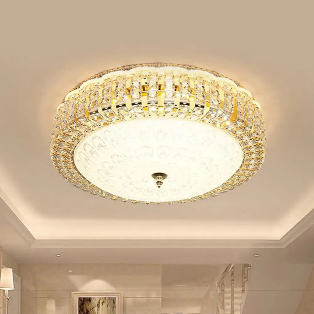 Minimalist Led Crystal Ceiling Light For Hotels - Frosted Flower Glass Shade Gold Finish