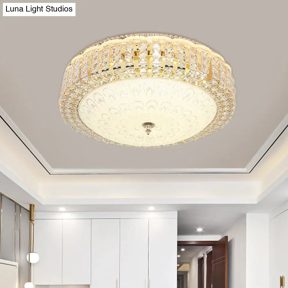 Minimalist Led Crystal Ceiling Light For Hotels - Frosted Flower Glass Shade Gold Finish