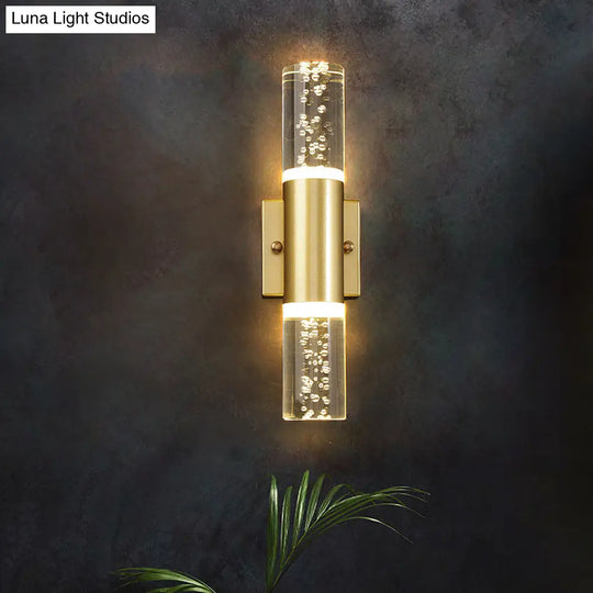 Minimalist Led Crystal Gold Wall Light - Cylinder Design (1/2/3 Heads) For Living Room