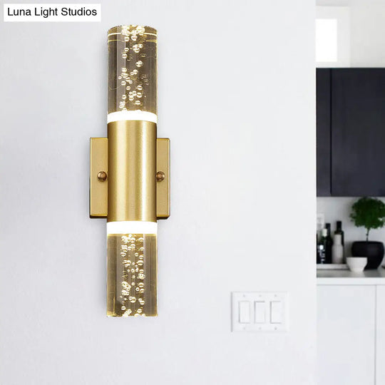 Minimalist Led Crystal Gold Wall Light - Cylinder Design (1/2/3 Heads) For Living Room