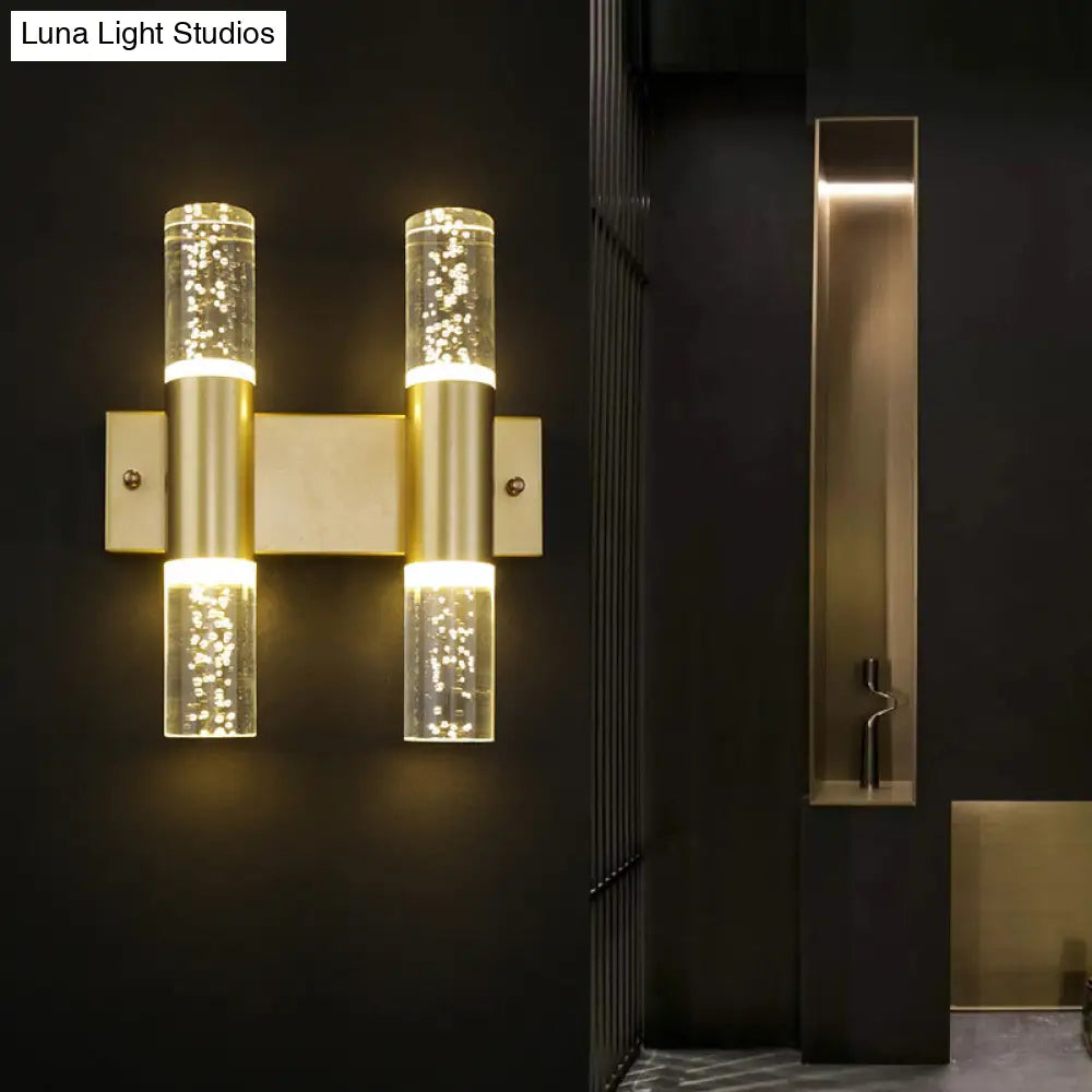 Minimalist Led Crystal Gold Wall Light - Cylinder Design (1/2/3 Heads) For Living Room