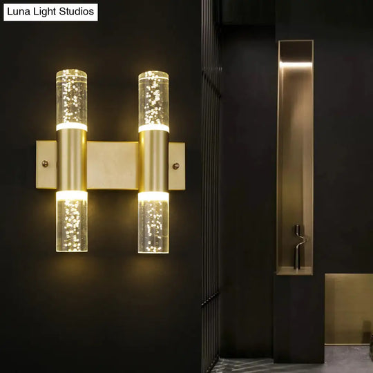 Minimalist Led Crystal Gold Wall Light - Cylinder Design (1/2/3 Heads) For Living Room