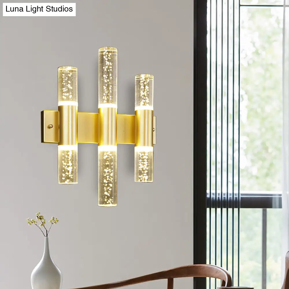 Minimalist Led Crystal Gold Wall Light - Cylinder Design (1/2/3 Heads) For Living Room