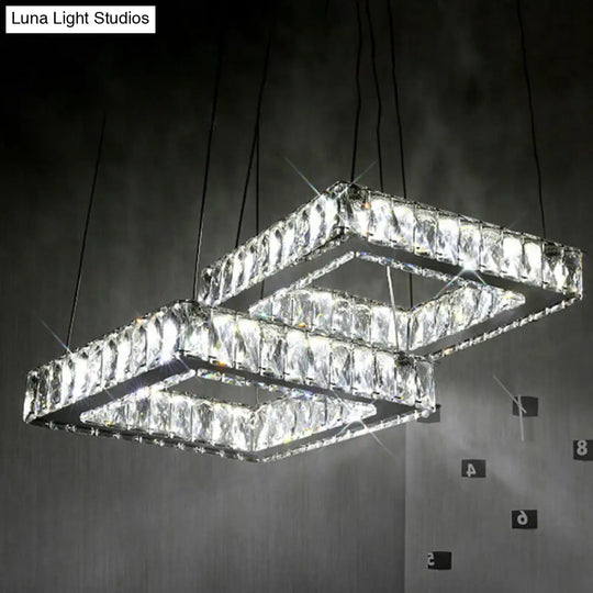 Led Multi Light Crystal Pendant - Minimalist Square Nickel Ceiling Lamp With Inserted Crystals