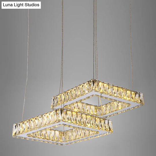 Led Multi Light Crystal Pendant - Minimalist Square Nickel Ceiling Lamp With Inserted Crystals