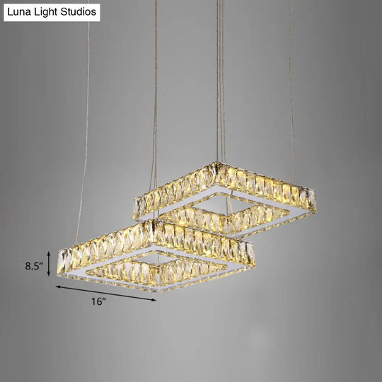 Led Multi Light Crystal Pendant - Minimalist Square Nickel Ceiling Lamp With Inserted Crystals