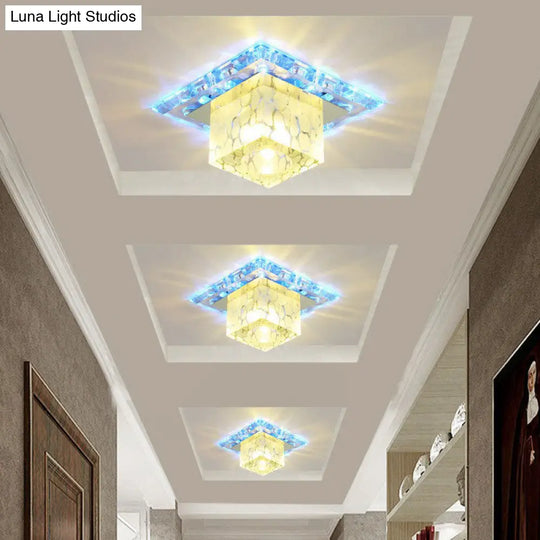 Minimalist Led Cube Crystal Ceiling Lamp For Hallways - Clear Flush Mount Light