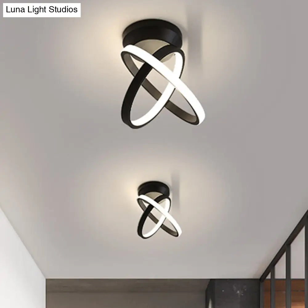 Minimalist Led Flush Mount Ceiling Light - Crossed Rings Design In Black/White