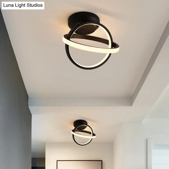 Minimalist Led Flush Mount Ceiling Light - Crossed Rings Design In Black/White