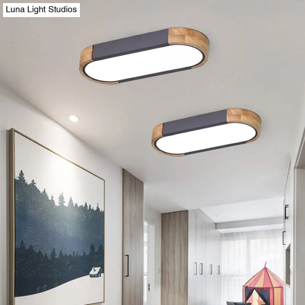 Minimalist Led Flush Mount Ceiling Light: Grey Wood Accent Oblong Shape