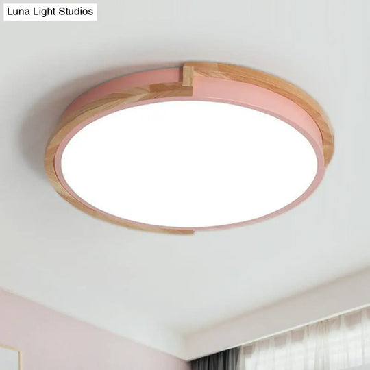 Minimalist Led Flush Mount Ceiling Light With Wooden Frame - Acrylic Living Room Flushmount Pink /