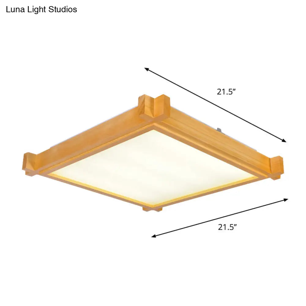 Minimalist Led Flush Mount Light For Living Room - Beige Ceiling Lighting With Wooden Square Shade