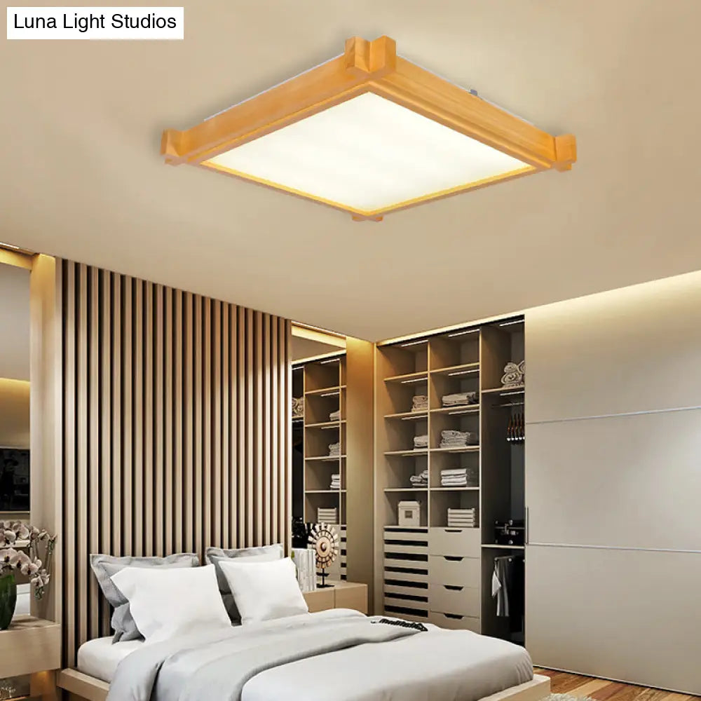 Minimalist Led Flush Mount Light For Living Room - Beige Ceiling Lighting With Wooden Square Shade