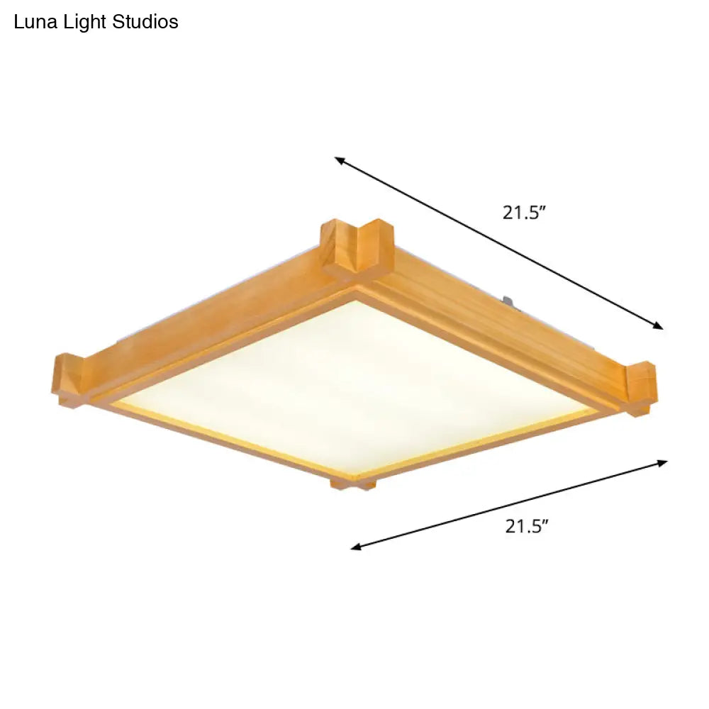 Minimalist Led Flush Mount Light For Living Room - Beige Ceiling Lighting With Wooden Square Shade