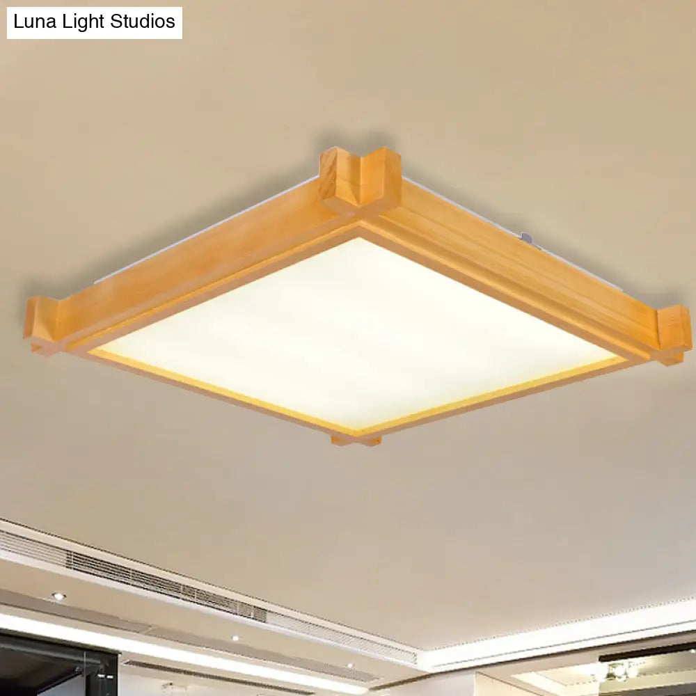 Minimalist Led Flush Mount Light For Living Room - Beige Ceiling Lighting With Wooden Square Shade