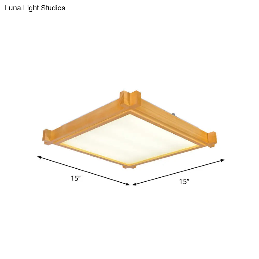 Minimalist Led Flush Mount Light For Living Room - Beige Ceiling Lighting With Wooden Square Shade