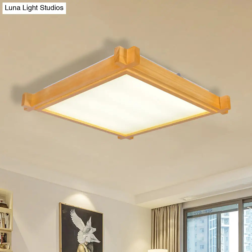 Minimalist Led Flush Mount Light For Living Room - Beige Ceiling Lighting With Wooden Square Shade