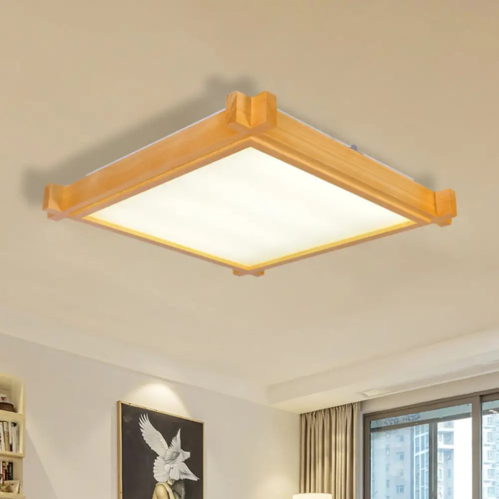 Minimalist Led Flush Mount Light For Living Room - Beige Ceiling Lighting With Wooden Square Shade