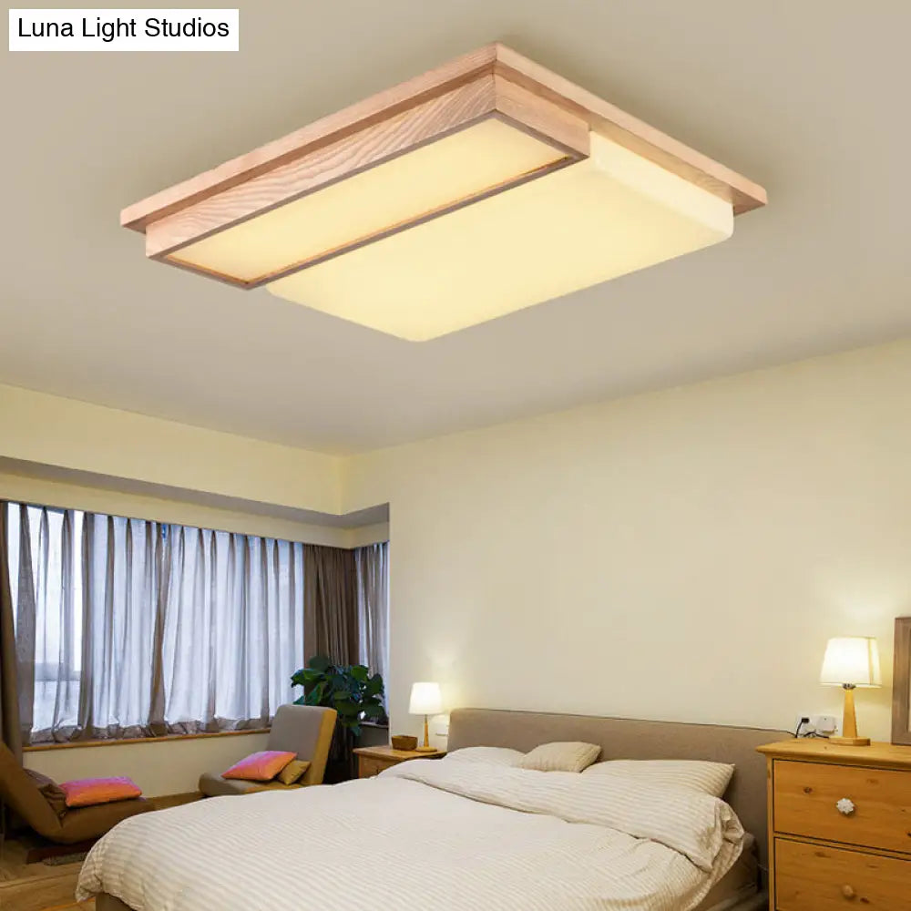 Minimalist Led Flush Mount Lighting With Ash Wood Design - Rectangle Living Room Ceiling Lamp 2 /