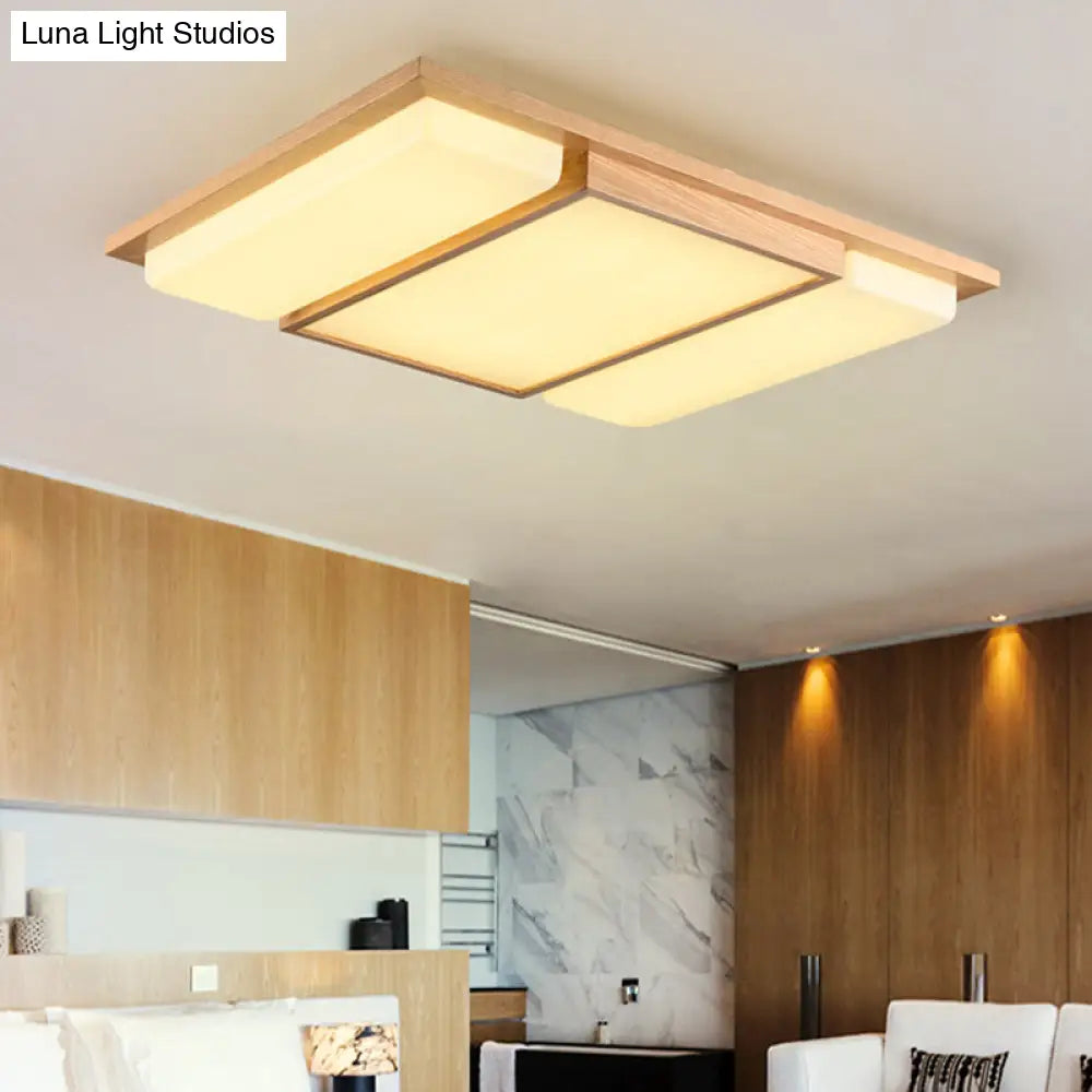 Minimalist Led Flush Mount Lighting With Ash Wood Design - Rectangle Living Room Ceiling Lamp 3 /